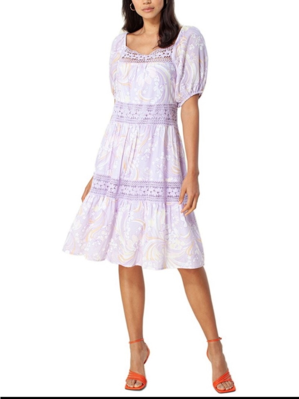 Hale Bob Printed Tiered Dress In Lavender Floral Puff Sleeve Lace Trim‎ Size XS